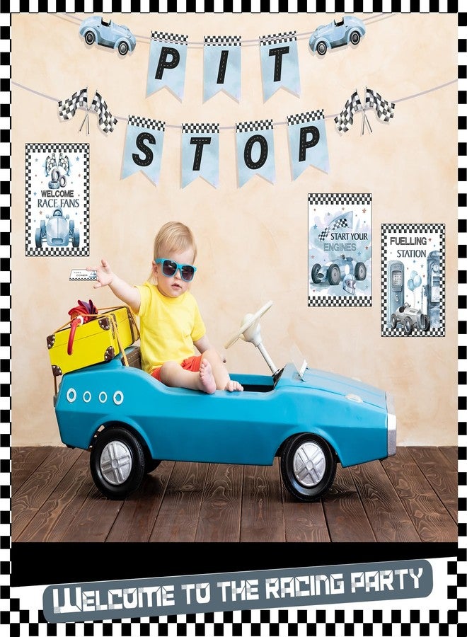 Sonwyoung 19 Pcs Race Car Birthday Party Decorations Boys Two Fast Vintage Birthday Decor 2 Fast Dusty Blue Black Wheel Checkered Supplies for Baby Shower Race Car One Party - Image 3